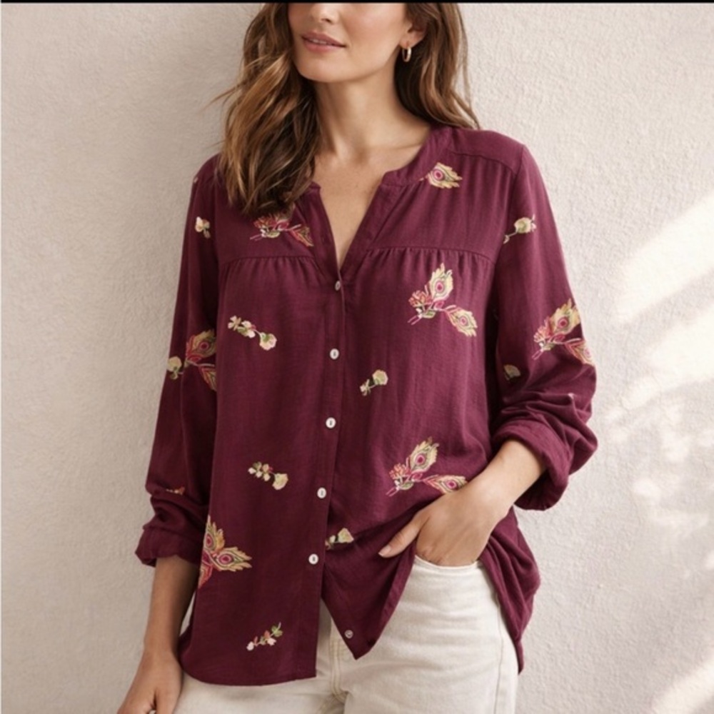 Fig & Flower Floral‎ Feather Embroidered Longline Blouse Top Women's 3X Burgundy
